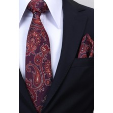 Esgue Hand Made 8 cm Şal Desen Bordo Kırmızı Renk Mendilli Kravat