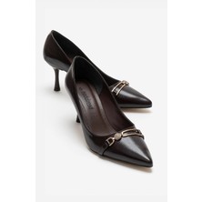 Ccway Kadın Inci Taşlı Sivri Burunlu Stiletto Ayakkabı Kahve Kırışık
