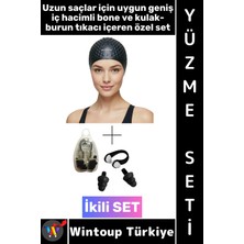 Wintoup #bone Esnek Silikon Havuz Deniz Su Geçirmez Büyük Beden Saç Bonesi Kulak Burun Tıkacı Şık Özel Set