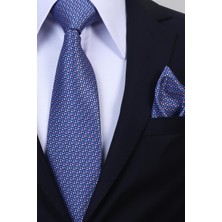 Esgue Hand Made 8 cm Geometrik Micro Desenli Pembe Mavi Renk Mendilli Kravat