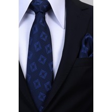 Esgue Hand Made 8 cm Retro Desen Lacivert Mavi Renk Mendilli Kravat