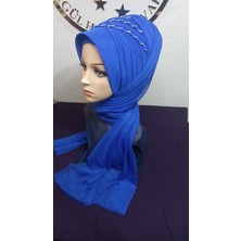 Simsiz Saks Mavisi Üç Sıra Işlemeli Nuray Model Duvak,hazır Duvak,düğün,hazır Şal,hazır Türban,abiye Şal,sünnet,nişan,söz
