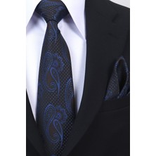 Esgue Hand Made 8 cm Şal Desen Siyah Lacivert-Kahve Renk Mendilli Kravat