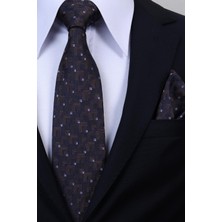 Esgue Hand Made 8 cm Geometrik Micro Desen Kahverengi Mor Renk Mendilli Kravat