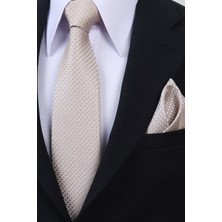 Esgue Hand Made 8 cm Kareli Desen Açık Bej Renk Mendilli Kravat