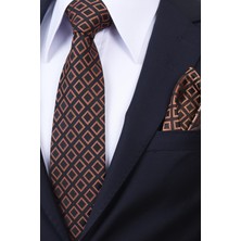 Esgue Hand Made 8 cm Ekose Desen Kiremit Siyah Renk Mendilli Kravat