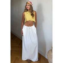 Nana & Mayka Moda Kadın Beyaz Uzun Etek Beli Lastikli Bağcıklı Maksi Boy Bol Tesettür Etek Pamuk Viskon Iç Göstermez Yazlık Ilkbahar S-M-L