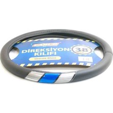 Carub Direksiyon Kılıfı 38 cm Siyah – Mavi Gri Şerit Detaylı