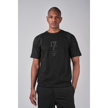 Ex-pent Kısa Kollu Poplin Garnili Düz Kesim Baskılı Siyah T-Shirt