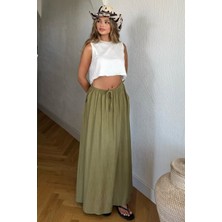 Nana & Mayka Moda Kadın Haki Uzun Etek Beli Lastikli Bağcıklı Maksi Boy Bol Tesettür Etek Pamuk Viskon Iç Göstermez Yazlık Ilkbahar S-M-L