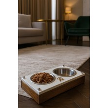 Reyo Ok-Ay Store Büyük Boy Şık Ahşap Mama Standı Çelik Kaseli Yükseltilmiş Kedi ve Köpek Mama Su Kabı Ceviz-Beyaz
