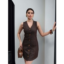 Esra Helvacı V Yaka Ön Düğmeli Denim Elbise