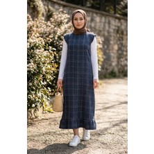 Sefa Merve Kareli Dokulu Jile Elbise 2514-05 Indigo