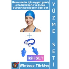 Wintoup #bone Esnek Silikon Havuz Deniz Su Geçirmez Büyük Beden Saç Bonesi Kulak Burun Tıkacı Şık Özel Set