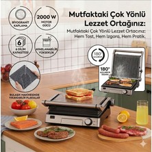Karaca 2000 Watt Gücünde 6 Dilim Kapasiteli Çıkarılabilir Granit Plakalı 180 Derece Tam Açılır Barbekü Etkili Paslanmaz Çelik Izgara ve Tost Makinesi