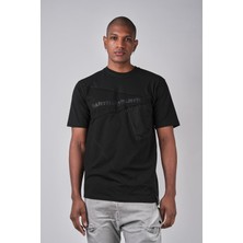 Ex-pent Kısa Kollu Cepli Çizgili Garnili Düz Kesim Baskılı Siyah T-Shirt