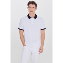 Altınyıldız Classics Erkek Beyaz-Lacivert %100 Pamuk Slim Fit Dar Kesim Polo Yaka Tişört
