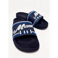 Ccway Tek Biyeli  Yazılı Erkek Terlik Miami Lacı Beyaz Mavi