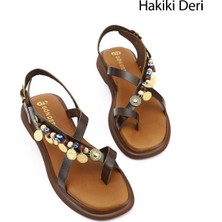 Gönderi(r) Kadın Kahverengi  Boncuklu Parmak Arası Hakiki Deri Sandalet
