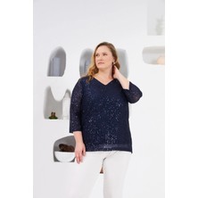 Rmg Büyük Beden Astarlı Pul Payet Bluz Lacivert