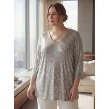 Rmg Büyük Beden Astarlı Pul Payet Bluz Gümüş