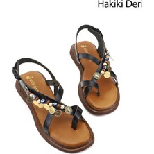 Gönderi(r) Kadın Siyah  Boncuklu Parmak Arası Hakiki Deri Sandalet