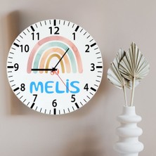 Hediye Vakti Kişiye Özel Isimli Bebek ve Çocuk Odası Dekoratif Cam Saat - Gökkuşağı Desenli