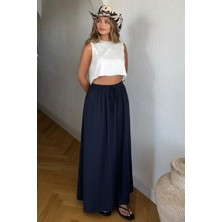 Nana & Mayka Moda Kadın Lacivert Uzun Etek Beli Lastikli Bağcıklı Maksi Boy Bol Tesettür Etek Pamuk Viskon Iç Göstermez Yazlık Ilkbahar S-M-L