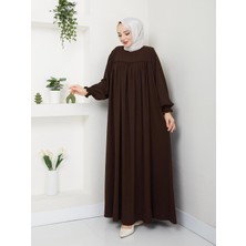 Esra Butik Kahverengi Medine Ipeği Robalı Uzun Elbise 140 cm Şık Tesettür Elbise