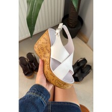 Preshley Kadın Forge Beyaz 10 cm Dolgulu Yazılı Mantar Taban Ayakkabı & Sandalet