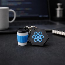 Goka 3D Craft React Developer Özel Tasarım: 3D React Logosu ve Mavi Detaylı Kahve Bardağı Anahtarlık