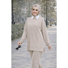 Esra Butik Mürdüm Siyah Taş Çimalı Tesettür Ikili Takım Tunik Pantolon Şık Rahat