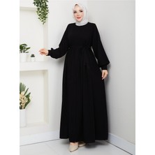 Esra Butik Siyah Kuşaklı Medine Ipeği Ferace 140 cm Rahat Kesim Tesettür Ferace