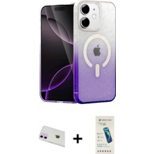 İlk El Grup Ieg™ iPhone 12 Kılıf Eksen Minimal Özel Seri - Şeffaf Pasifik Cam Ekran Koruyucu + Mor Rainbow Kamera Lens Koruma Cam