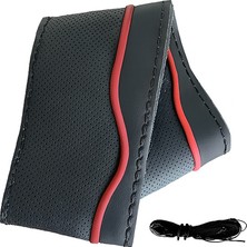 Ergün Store Lüx Desenli Deri Dikme Direksiyon Kılıfı 38-40CM Siyah-Bordo Şeritli OND377