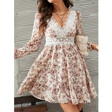 Secret Sita Kadın Uzun Kollu Dantel V Yakalı Mini Desenli Süprem Elbise