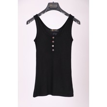 Aclassics Siyah Kalın Askılı Düğme Detaylı Pamuk Slim Fit  Atlet  T-Shirt