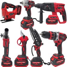 Haktaş HKT1015 Yeni Nesil Kırmızı 7li Şarjlı Vidalama Matkap Seti 21V 3AH (Kırıcı Delici, Somun Sıkma, Vidalama, Dal Budama Makası, Dekupaj, Avuç Taşlama, Dal Testeresi)