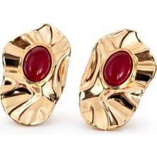 Nergis Collection Gold Kırmızı Taşlı Küpe – Modern Şık Kadın Küpe | Özgün Tasarım