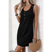 Secret Sita Kadın Askılı Yuvarlak Yakalı Önden Düğmeli Cep Detaylı Kısa Elbise