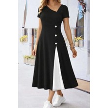 Secret Sita Kadın Kısa Kollu Asimetrik Yakalı Düğme Detaylı Midi Viskon Elbise