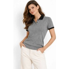 Secret Sita Polo Yaka Çizgili Tişört Kısa Kol Düğmeli Yazlık Thirt  Gri