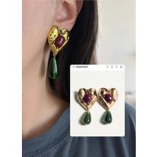 Nergis Collection Kadın Marka Model Bordo Yeşil Kalp Plaka Küpe