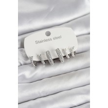 316L Çelik Gümüş Renk 6'lı Set Zirkon Taşlı Halka Model Kadın Küpe - Lisinya