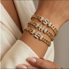 Nergis Collection Kadın Altın 14K Gurmet Zincir Zirkon Taşlı Harfli Bileklik ( Soru Sor Kısmından Harf Belirtiniz)