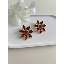 Nergis Collection Kadın Bordo Çiçek Gold Çelik Küpe