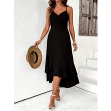 Secret Sita Kadın Ip Askılı Kruvaze Yakalı Sırttan Bağcıklı Önü Volanlı Midi Janjan Krep Elbise