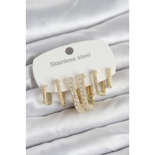 316L Çelik Gold Renk 6'lı Set Zirkon Taşlı Kadın Küpe - Lisinya