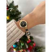 Nergis Collection Kadın Siyah Doğal Taş Boncuk Gold Saat