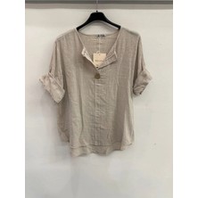 Della Moor Bej Italyan Açık Yaka Yarım Kol Oversize Bluz 40 - 44 Beden